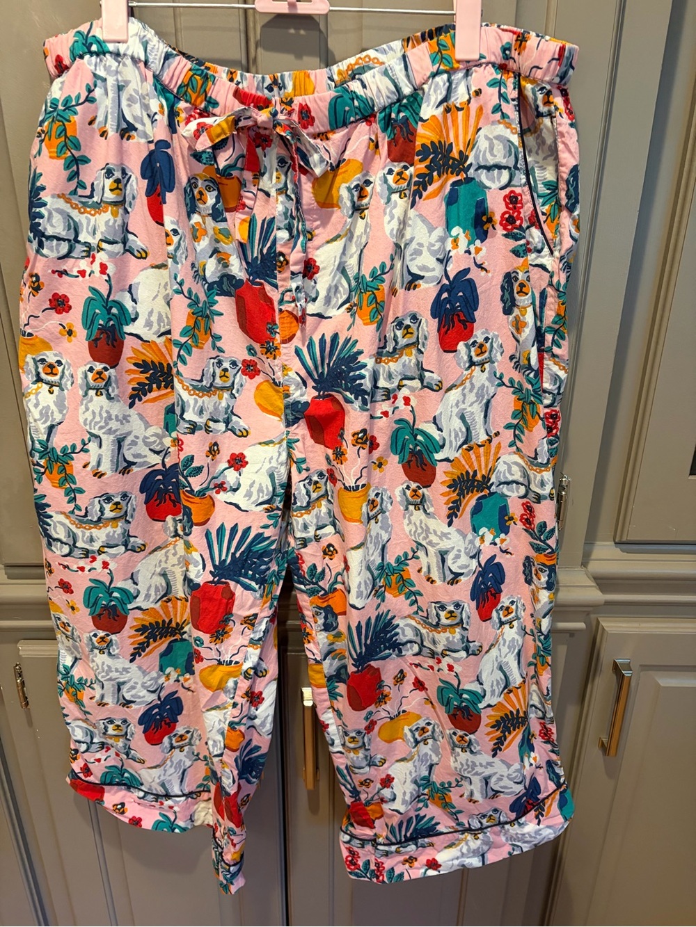 Printfresh Good Dog Pajama Pants in a pink vintage dog and botanical print.